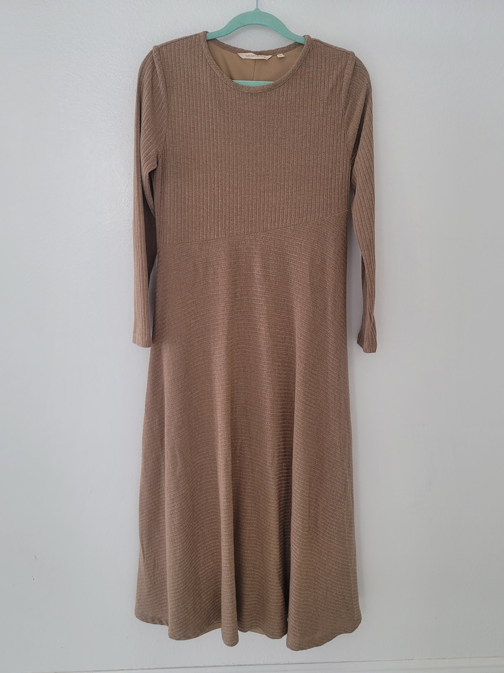 Soft Surroundings Ribbed Long Sleeve Midi Dress in Taupe Brown M Petite